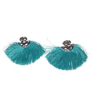 Teal Tassel Fan Earrings Silver Boho Chic Statement Jewelry